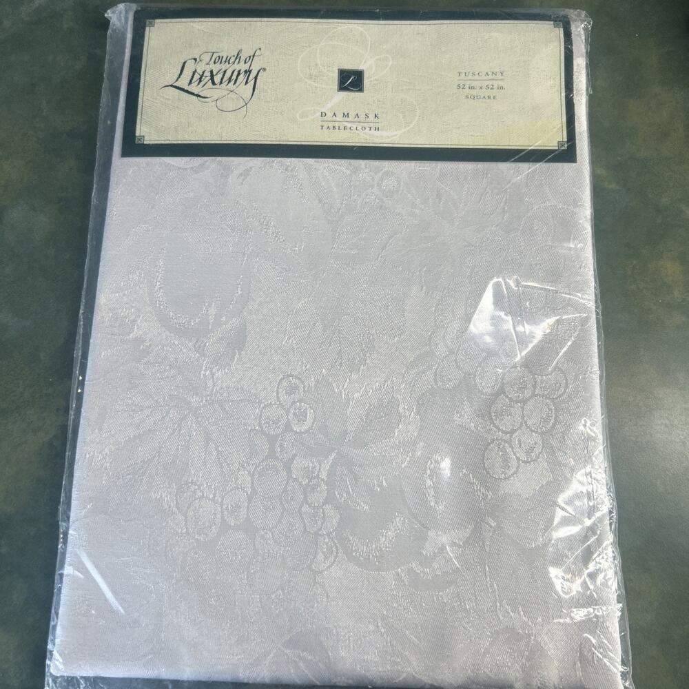 Vintage Touch Of Luxury Damask Tablecloth White Fruit Print 52x52 NOS Mervyns